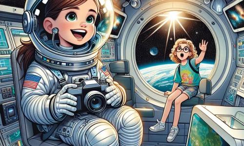 Op de voorgrond zweeft Luna, een jonge astronaut van ongeveer 12 jaar, in de cabine van een ruimteschip. Ze heeft lang bruin haar in een paardenstaart, sprankelende ogen vol nieuwsgierigheid en een stralende glimlach. Ze draagt een witte en zilveren ruimtepak met een doorzichtige helm die haar blije uitdrukking laat zien. Luna houdt een kleine camera vast en filmt haar avontuur in de ruimte. Naast haar kijkt Emma, een 11-jarig meisje met krullend blond haar en ronde bril, verwonderd door een raam. Ze draagt een kleurrijk t-shirt en een short en lijkt gefascineerd door het uitzicht op de aarde beneden hen. Ze zit op een stoel met haar handen op haar knieën en haar ogen wijd open. De illustratie speelt zich af in het interieur van een modern ruimteschip, met verlichte controlepanelen en schermen die beelden van de aarde en fonkelende sterren tonen. De muren zijn van glad metaal en gekleurde kabels hangen aan het plafond, wat een futuristische sfeer toevoegt. De hoofdscène toont Luna en Emma, beide verwonderd door de schoonheid van de ruimte, terwijl ze samen in de cabine zweven, een moment van vreugde en verkenning delen, klaar om buitengewone avonturen tussen de sterren te beleven.