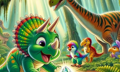 A young triceratops named Trixie, with bright green skin and colorful frills, expresses great curiosity and wonder as she discovers a shiny stone on the ground. Next to her, Spike, a stegosaurus with orange and green plates, looks at her with wide eyes, ready to help in this adventure. In the background, Bella, a majestic long-necked brachiosaurus, leans down to get a better look at the stone, while Rex, a small colorful-feathered velociraptor, jumps with excitement. The scene takes place in a lush jungle, with giant trees, green ferns, and sunlight filtering through the foliage, creating a magical atmosphere. Trixie and her friends are gathered around the shiny stone, fascinated by its mysterious glow and ready to uncover its secrets.