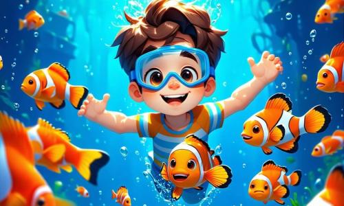 Um garoto de 8 anos, Tomás, com cabelos castanhos bagunçados e olhos brilhantes de curiosidade, nada alegremente em águas cristalinas, cercado por peixes coloridos. Ele usa um maiô listrado e uma máscara de mergulho, seu rosto radiante de excitação e felicidade. Ao seu lado, um peixe-palhaço colorido, com óculos engraçados, dança ao seu redor, adicionando um toque de magia à cena. O local é um lindo recife de corais, com corais multicoloridos em forma de flores, algas ondulantes e bolhas de ar ao redor. A luz do sol filtra através da água, criando reflexos cintilantes na areia dourada abaixo. Tomás descobre um passagem secreta entre os corais, com um olhar maravilhado e determinado, pronto para mergulhar no desconhecido, enquanto o peixe-palhaço o encoraja com um grande sorriso.