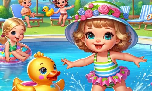 Una niña de 2 años, con grandes ojos brillantes y cabello rizado, lleva un traje de baño colorido y un sombrero de sol. Ríe alegremente mientras salta en una gran piscina, salpicando agua a su alrededor. Junto a ella, un niño de 3 años llamado Pablo, con cabello rubio y una camisa a rayas, sonríe sosteniendo una boya en forma de pato, listo para zambullirse. Un poco más lejos, una niña de 2 años llamada Ana, con trenzas y un traje de baño de flores, construye un castillo de arena en el borde de la piscina, concentrada y sonriente. El lugar es un campamento de verano soleado, rodeado de árboles verdes y flores coloridas, con sombrillas y tumbonas alrededor de la piscina. La situación principal muestra a los niños jugando juntos en el agua, salpicando y riendo, mientras un grupo de amigos se agrupa alrededor de ellos, creando un ambiente alegre y festivo.