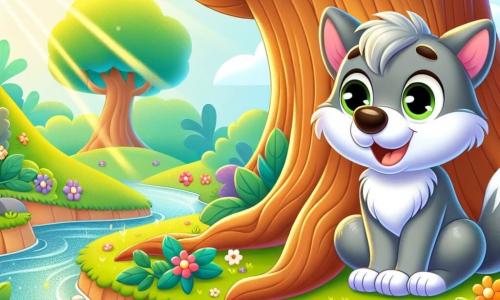 A little wolf named Wally, with soft gray fur and sparkling curious eyes, stands joyfully at the foot of a large oak tree, the Wise Oak. He smiles, tail wagging, as he looks up to listen to the tree's wise words. Next to him, the Wise Oak, a majestic tree with a thick trunk and shiny green leaves, radiates an aura of wisdom. Its branches stretch out like welcoming arms, seeming to smile kindly while sharing valuable advice. In the background, the Gentle Stream flows gently, its sparkling waters reflecting the sun. Colorful flowers line the shore, adding a touch of magic to the scene. Wally listens attentively to the Wise Oak's advice on the secret of happiness, surrounded by the beauty of nature, with sunlight filtering through the leaves, creating a warm and serene atmosphere.