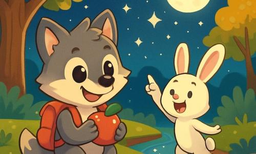 Um pequeno lobo chamado Lucas, com olhos brilhantes e pelagem suave e sedosa, está alegremente à beira de um riacho cintilante, com um largo sorriso no rosto. Ele usa uma mochilinha vermelha e segura uma maçã suculenta com suas patas dianteiras, pronto para dar uma mordida. Ao seu lado, seu amigo Max, um coelhinho travesso de grandes orelhas e pelagem branca, salta com entusiasmo, seus olhos brilhando de felicidade. Ele aponta para as estrelas que começam a brilhar no céu noturno, equilibrando-se sobre as patas traseiras. O local é um lindo riacho cercado por pedras brilhantes, com árvores majestosas de folhas verdes e douradas, enquanto a lua ilumina suavemente a cena, criando uma atmosfera mágica. A situação principal mostra Lucas e Max, maravilhados, observando o reflexo das estrelas na água, compartilhando um momento de amizade e descoberta sob o céu estrelado.