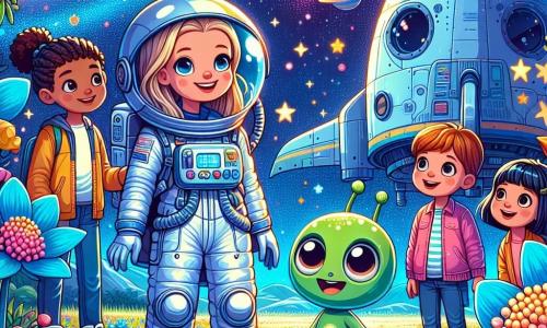 Lara, una donna pilota spaziale con lunghi capelli biondi, indossa una tuta spaziale brillante e sorride con meraviglia mentre si trova davanti a una grande navetta spaziale. I suoi occhi brillano di gioia ed emozione. Accanto a lei, tre bambini, una ragazza con capelli castani di 8 anni, un ragazzo con capelli rossi di 7 anni e un'altra ragazza con capelli neri di 6 anni, guardano con fascinazione un piccolo alieno verde, con grandi occhi rotondi e un sorriso amichevole. Sono tutti riuniti attorno a un magnifico campo di fiori giganti e blu su un pianeta lontano, con stelle scintillanti e una nebulosa colorata sullo sfondo. La scena principale mostra Lara e i bambini che giocano felicemente con l'alieno, scoprendo insieme le meraviglie di questo luogo magico e intergalattico.
