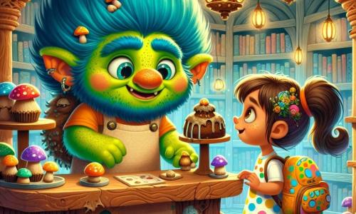 Un troll drăguț cu piele verde și păr zbârlit de culoare albastră strălucitoare, cu ochi mari și rotunzi plini de curiozitate, stă în spatele unui tejghea din lemn, zâmbind entuziast. Poartă un sort din pânză, decorat cu modele de ciuperci, și ține o farfurie cu prăjituri cu noroi, pregătit să le vândă. Lângă el, o fetiță de 7 ani, cu păr brunet și ochi în formă de alune, privește cu uimire dulciurile. Poartă o rochie cu buline colorate și un rucsac în formă de nor, părând nerăbdătoare să guste o prăjitură. Decorul este o librărie magică, cu rafturi din lemn sculptat, pline de cărți cu coperți strălucitoare. Lanternele plutesc pe tavan, proiectând o lumină blândă și caldă, în timp ce cărțile zburătoare trec pe deasupra capetelor personajelor. Situația principală arată trollul și fetița în plină discuție, schimbând idei despre un pandantiv misterios, înconjurați de cărți care șoptesc secrete și de creaturi fantastice care îi observă cu curiozitate.
