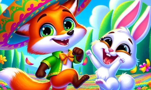 Zorrito, un zorro astuto con ojos brillantes y pelaje naranja, lleva un curioso sombrero hecho de un plátano en la cabeza. Sonríe ampliamente, mostrando su entusiasmo y determinación, mientras baila alegremente en un campo de flores coloridas. Junto a él, Conejito, un pequeño conejo de grandes orejas blancas y pelaje suave, ríe a carcajadas, con ojos llenos de alegría. Salta con energía, listo para animar a Zorrito en su desafío. El lugar es un hermoso campo verde, salpicado de flores multicolores bajo un cielo azul brillante, con algunos árboles majestuosos al fondo. La escena principal muestra a Zorrito bailando con entusiasmo, tratando de resolver el último desafío del tesoro, mientras Conejito lo anima con risas y aplausos, creando un ambiente alegre y lleno de energía.