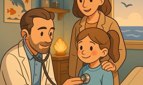 Medico uomo di circa 40 anni, volto dolce, barba corta brizzolata, capelli castani pettinati all'indietro, espressione serena e benevola, tiene uno stetoscopio metallico contro il petto della paziente seduta su una sedia bassa; bambina Lina di 7 anni, coda di cavallo castana, sweat azzurro, naso rosato, sguardo timido ma sorridente, seduta sul tavolo per l'esame; madre 30-35 anni, pelle chiara, cappotto beige, sorridente e rassicurante, in piedi dietro con la mano sulla spalla della figlia; studio piccolo vicino al mare, pareti azzurro pallido, poster di animali marini, mensola in legno con barattoli, lampada a forma di conchiglia che diffonde luce calda, finestra con silhouette di gabbiani e onde; atmosfera calma e sicura, luce soffusa, colori caldi e palette pastello, stile cartoon 3D cel-shading con contorni netti e ombre morbide.