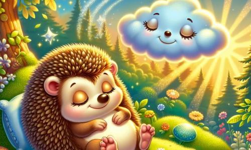 Un piccolo riccio dal pelo marrone e setoso, con occhi brillanti di curiosità, è sdraiato su un letto di muschio verde e morbido, con un sorriso sereno sul volto. Respira profondamente, con le zampette posate sul pancino, in una postura di rilassamento. Accanto a lui, una nuvola leggera e vaporosa, Nuvolina, fluttua dolcemente nell'aria, con un sorriso benevolo e riflessi di luce argentata, creando un'atmosfera rasserenante. Il paesaggio è un boschetto incantato, illuminato dalla luce dorata del crepuscolo, con alberi dalle foglie scintillanti e fiori colorati che fioriscono attorno. I raggi di sole filtrano tra i rami, creando un gioco di ombre e luci sul terreno. La scena principale mostra il riccio che medita pacificamente, circondato dalla magia della natura, mentre la nuvola gli sussurra parole dolci, creando un'atmosfera di calma e serenità, perfetta per addormentarsi.