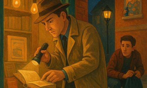 Un detective de unos 40 años, rostro serio y amable, gabardina beige ligeramente arrugada y sombrero fedora, sostiene una pequeña linterna que ilumina un libro en la vitrina; inclinado y concentrado con expresión pensativa y dulce; en un tercer piso, una mujer mayor de unos 70 años con cabello gris recogido en moño y vestido de flores observa desde la ventana sosteniendo un termo; a la derecha del detective, un joven de unos 20 años agachado junto a un contenedor sostiene una bolsa de terciopelo oscuro, preocupado pero tierno; la librería en primer plano tiene vitrina de madera pintada de verde, pósteres amarillentos y estantes visibles, olor imaginado a papel y té, lámparas de filamento y adoquines húmedos; escena nocturna en una plaza tranquila con faroles cálidos, largas sombras y cielo estrellado, ambiente tierno y atento; situación: descubrimiento apacible de un libro desaparecido y momento de escucha entre vecinos; colores gouache en tonos cálidos (ocre, verde botella, ladrillo) con toques de azul noche y reflejos amarillos de la linterna.