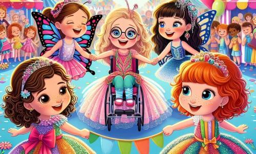 In primo piano, quattro ragazze felici si tengono per mano in cerchio. Sofia, una bambina di sette anni con capelli castani ricci e occhi scintillanti, indossa un magnifico vestito colorato decorato con paillettes. Alla sua destra, Marta, una ragazza con capelli biondi intrecciati e occhi blu, è vestita da farfalla con ali luccicanti. A sinistra, Giulia, una bambina con capelli rossi e lentiggini, è vestita da fata con una gonna di tulle rosa e una bacchetta magica. Infine, Anna, una ragazza con capelli castani e occhiali, sorride felicemente nella sua sedia a rotelle, indossando un costume da clown colorato con un naso rosso. Sullo sfondo, il decor del carnevale è vibrante e festoso, con bandierine multicolori, palloncini nel cielo blu e stand di dolci. La scena principale mostra le quattro amiche che scoprono la magia delle loro maschere scintillanti, circondate da colori vivaci e risate, mentre farfalle e uccelli colorati volano intorno a loro, creando un'atmosfera incantata e gioiosa.