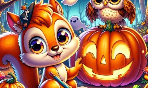 Un giovane scoiattolo dai peli arancioni, con grandi occhi curiosi e un sorriso gioioso, sta disegnando una grande zucca sorridente su un foglio di carta. Accanto a lui, un gufo dalle piume marroni e occhiali rotondi, con un'espressione maliziosa e le ali leggermente spiegate, osserva attentamente il disegno annuendo. Un riccio dai pungiglioni morbidi e dal volto amichevole, con un piccolo cappello da pirata, è seduto su una zucca, ridendo di cuore. La scena si svolge in una radura incantata, illuminata dalla dolce luce della luna, circondata da alberi con foglie dorate e funghi colorati. Lampade a forma di fantasmi fluttuano nell'aria, creando un'atmosfera festosa e misteriosa. Lo scoiattolo, circondato dai suoi amici, sta creando una zucca gioiosa per il concorso di Halloween, mentre le risate e le voci risuonano nella notte stellata.