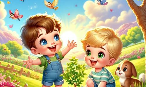 Twee jongens, Finn en Sam, ongeveer 6 jaar oud, spelen vrolijk in een groene wei. Finn, met blond haar en sprankelende ogen, wijst naar de lucht en roept "Kijk, vogels!". Sam, met bruin haar en een stralende glimlach, kijkt verwonderd naar de vogels. Ze staan bij een klein bloeiende boom, omringd door kleurrijke bloemen in roze, geel en rood. De plek is een prachtige lentweide, verlicht door gouden zonlicht, met vlinders die rond de bloemen fladderen. Op de achtergrond is een heldere blauwe lucht met donzige witte wolken. De hoofdscène toont Finn en Sam, verwonderd door de natuur, terwijl ze bloemenzaadjes in de grond planten, met hun mama die hen helpt door de kleine plantjes water te geven. Een nieuwsgierig konijntje kijkt van een afstand toe, wat een vleugje magie aan deze lentescène toevoegt.