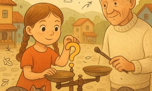 Una bambina di 6 anni, Lina, viso rotondo con lentiggini, capelli castano chiaro in due trecce, sguardo curioso e sereno, tiene delicatamente un piccolo punto interrogativo di carta dorata che posa su un piatto di una grande bilancia in ottone; accanto, un vecchio guardiano di circa 70 anni, pelle rugosa, capelli bianchi pettinati all'indietro e maglione di lana crema, spazza lievemente la superficie con un piccolo pennello guardando Lina con benevolenza a una decina di passi; un gatto tigrato grigio dormicchia sul bordo di pietra vicino ai piedi di Lina con la coda arrotolata; la piazza del villaggio è lastricata con case basse in legno ocra e blu e dolci colline sullo sfondo, al centro domina la bilancia in ottone patinato con pannelli di legno intagliati e qualche cassette di mercato con vasetti e punti esclamativi dipinti; scena al crepuscolo caldo, luce dorata, ombre lunghe, foglie che volteggiano, atmosfera calma, poetica e lievemente magica, focalizzata sul gesto preciso di Lina che posa il punto interrogativo sulla bilancia.