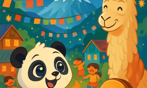Mała panda o imieniu Lila, z dużymi błyszczącymi oczami i miękkim czarno-białym futrem, z zachwytem obserwuje kolorowy festiwal. Ma na sobie mały czerwony szalik i radosny uśmiech na twarzy. Obok niej stoi mądra stara lama, z długim beżowym futrem i błyszczącymi oczami, która uśmiecha się ciepło, trzymając bęben. Stoi nieco z tyłu, z dumą obserwując Lilę. Tło to tętniąca życiem dolina u stóp majestatycznego Mont Everestu, otoczona powiewającymi flagami modlitewnymi i kolorowymi drewnianymi domami. Lśniące światła i lampiony dekorują przestrzeń, podczas gdy dzieci śmieją się i tańczą wokół dużego ogniska. Scena emanuje świąteczną i radosną atmosferą, pełną żywych kolorów i dzielonej radości. Lila, podekscytowana, przygotowuje się do udziału w tradycyjnym tańcu, gotowa na wyzwanie, które ją czeka.