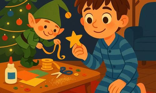 Um menino de 10 anos, Tomás, cabelos castanhos despenteados, olhos grandes e brilhantes, pijama listrado azul, agachado junto a uma mesa baixa segurando uma pequena estrela de papel e sorrindo timidamente; um duende de Natal travesso de pele clara, bochechas rosadas, chapéu pontudo verde e botas com guizos, empoleirado na mesa fazendo uma reverência e segurando um rolo de fita dourada; um sino minúsculo brilhando no tapete perto do menino; sala à noite iluminada por luzes quentes, grande árvore decorada com bolas coloridas e estrela artesanal, tapete vermelho e cabide com gorro vermelho ao fundo; sobre a mesa papéis coloridos, botões, tesoura, cola, fita dourada e um pote pequeno de purpurina; cena: oficina de decoração improvisada com o menino e o duende criando uma estrela de papel, clima de cumplicidade e magia leve; estilo gráfico: traços nítidos, cores saturadas, formas simples e atmosfera calorosa e lúdica.