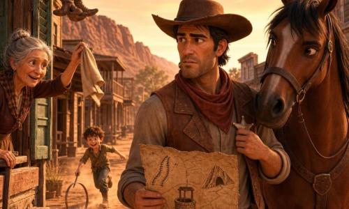 Um cowboy de cerca de 35 anos, visage bronzeado, ombros largos, cabelo preto curto sob um chapéu de feltro marrom, olhar determinado e apreensivo, segura um mapa velho e amarrotado na mão direita e aperta uma estrela de xerife de metal no bolso; está junto à sua égua Castanha, pronta e bronzeada. À esquerda, Dona Berta, cerca de 60 anos, cabelo grisalho preso em coque, rosto enrugado mas acolhedor, acena com um pano na frente de uma pequena loja de madeira, sorrindo apressada e olhando para o cowboy. Ao fundo, um menino de uns 10 anos, cabelo desgrenhado, brinca com um anel metálico e corre pela rua poeirenta, mostrando a atividade do vilarejo. A cena passa na rua principal de um pequeno povoado do Velho Oeste: casas de madeira com persianas desbotadas, um saloon com varanda de madeira, botas penduradas e um poste de sinalização, poeira vermelha soprada pelo vento. Situação principal: o cowboy hesita diante de três caminhos indicados no mapa (trilhos de trem, um poço circular, uma montanha com uma caverna); a luz do pôr do sol doura a cena, criando uma atmosfera de tensão suave e aventura iminente, cores quentes saturadas e iluminação de fim de tarde, com texturas realistas no couro, na madeira e na poeira.