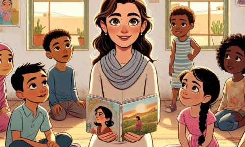 Ana, uma mulher de cerca de trinta anos, com cabelos castanhos e olhos cheios de determinação, está no centro de um círculo de crianças. Ela usa uma blusa colorida e uma calça prática, sorrindo calorosamente enquanto segura um livro ilustrado, pronta para compartilhar uma história. Omar, um garoto de onze anos com cabelos negros e olhos curiosos, está à sua direita, ouvindo atentamente com um sorriso no rosto. À esquerda, Sofia, uma menina de nove anos com tranças e um vestido rosa, olha para Ana com admiração, suas mãos apertadas nos joelhos, ansiosa para fazer uma pergunta. O local é um centro comunitário simples, mas acolhedor, com paredes decoradas com desenhos de crianças, tapetes coloridos no chão e almofadas espalhadas para sentar. Raios de sol filtram-se pelas janelas, iluminando a cena com uma luz suave e calorosa. Ana está contando uma história cativante às crianças, que estão todas atentas e engajadas, criando um momento de compartilhamento e sonho em meio aos desafios do cotidiano.