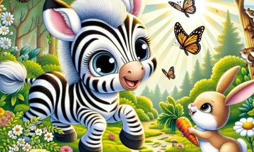 Mały zebra w białe i czarne paski, z dużymi, błyszczącymi oczami pełnymi ciekawości i radosnym uśmiechem, eksploruje słoneczną polanę, otoczoną kolorowymi kwiatami i tańczącymi motylami. Obok niego skacze mała króliczka z dużymi uszami i miękkim futrem, z ekscytacją na twarzy, trzymając marchewkę w przednich łapkach. Figlarny wiewiór, siedzący na gałęzi, obserwuje ich z figlarnym spojrzeniem, gotowy do dołączenia do ich przygody. Scena rozgrywa się w zielonym lesie, gdzie promienie słońca przenikają przez liście drzew, tworząc tańczące cienie na podłożu pokrytym mchem i dzikimi kwiatami. W centrum obrazu zebra i króliczka odkrywają tajemniczą ścieżkę prowadzącą w głąb lasu, symbolizującą początek ich wielkiej letniej przygody.