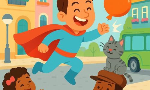 Sam, wearing a shiny red cape and light-blue suit with a mischievous grin, leaps and comically taps a popped balloon while catching a hat to help a green bus and make passersby laugh; a gray tabby cat with green eyes purrs on a brown bus hat at the curb; the bus driver in a yellow cap and orange jacket stands laughing with hands on hips; a little 4-year-old girl in a pink polka-dot dress claps beside a wooden bench; cobbled avenue with pastel houses, flowered balconies and round lampposts; bright, joyful, saturated vector style for toddlers.