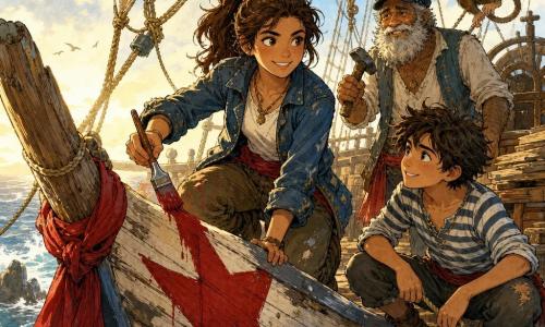 The protagonist is Rhea, a 16–18-year-old girl with a round face, bright mischievous eyes, brown ponytail and a worn blue leather jacket; she smiles determinedly while holding a red paintbrush painting a large red star on the ship’s bow. Pip, about 14, fair-skinned in a striped shirt with tousled hair, crouches beside her holding a rope and admiring the paint. Old Tom, around 60 with a thick gray beard and a worn cap, stands aft with a rusty hammer, smiling proudly near a pile of repaired planks. Captain Bananas, a small monkey wearing a tiny red pirate hat, clings to the rigging above the helm waving a shiny compass. The setting is the deck of an old pirate ship under reconstruction—freshly painted wood, patched tan sails, a rope ladder, scattered tools and a red scarf tied to the bow—captured as a joyful post-storm repair scene with bright colors, active gestures, paint splashes and golden morning light on bow and faces, conveying camaraderie and hope.