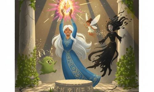 The main character is Elara, a 28-year-old mage with a soft determined face and long silver hair, wearing a blue robe embroidered with gold and holding the Aether Crystal that radiates warm, multicolored light with a triumphant, serene expression; a small green fuzzy noog named Nibbles jumps at shoulder height in the foreground, joyfully absorbing magic sparks; a tiny fairy, Lirael, with iridescent translucent wings flutters near the crystal, leaving a trail of glittering dust; the witch Morwenna, about 45, gaunt and cloaked in tattered black, dissolves into shadow with fading red eyes as she retreats; the scene is an ancient ruined hall with ivy-covered stone columns, cracked mosaic tiles, glowing runes on a central pedestal, and light beams through a roof opening with visible dust; Elara raises the crystal above the pedestal, a burst of warm color driving back a swirling black shadow in a dynamic, high-contrast moment of triumph and restored magic.