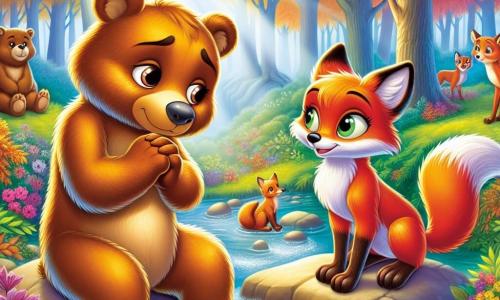 A young brown bear named Bruno, with shiny golden fur and round expressive eyes, stands by a sparkling stream, looking thoughtful and a bit sad, his paws resting on smooth stones. Beside him, a clever fox named Felix, with bright orange fur and a bushy tail, looks at Bruno with compassionate eyes, sitting on his hind legs, ready to listen to his friend. Not far from them, an elegant vixen named Fiona, with silky fur and sparkling eyes, stands back, wearing a sweet and understanding smile, her ears attentive. The setting is an enchanted forest, with trees bearing golden and red leaves, sunlight filtering through the branches, and colorful flowers scattered on the ground. The main scene shows Bruno sharing his emotions with his friends, in a moment of sincere connection amidst the natural beauty surrounding them.