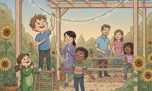 A 12-year-old boy with a round face, short tousled light brown hair, a wide smile and bright eyes, holding one end of a garland of small silver lights and draping it over a wooden pergola while standing on a small step stool; his ~7-year-old sister in a green felt dinosaur costume with pigtails sits on a wooden bench clapping with felt-clawed hands to his left; an ~11-year-old girl, Lila, with smooth black hair in a low ponytail, shy-turned-serene, holds the garland in the middle slightly set back, careful and focused; a ~12-year-old girl, Nia, fair-skinned with braids, stands on the ground guiding the string with raised hands; a ~12-year-old boy, Amir, brown-skinned with a quiet smile, stands below ready to support with open arms; ~10-year-old twins Zoë and Jules, one curly-haired and one straight, hold the other end of the garland side by side near a picnic table; parents in the background smile as they stack paper plates on the table; the setting is a community garden at dusk with a light wood pergola, weathered picnic table, flower pots, seed beds marked “PLEASE DO NOT STEP,” sunflowers and a gravel path; the main scene shows the warm-bulb garland arched and casting soft golden reflections on faces, a calm collaborative atmosphere with warm washed-ink colors and visible paper-like textures.
