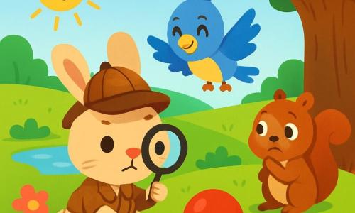 A small detective rabbit, wearing a brown detective hat and holding a magnifying glass, looks curiously and determinedly while sitting on the green grass. Next to him, a cheerful bird with blue and yellow feathers, wearing a playful smile, flies in the air, carefully observing the ground. A small brown squirrel with a bushy tail stands near a tree, looking worried as it searches for the lost red balloon. The setting is a sunny park with colorful flowers, a large tree with a thick trunk, and a shimmering pond in the distance. The main scene shows the group of friends searching for the red balloon, surrounded by leaves and small pebbles, while the sun shines in a clear blue sky.