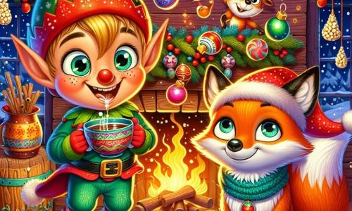 A little mischievous elf with a pointed red hat and green shoes, sparkling eyes full of mischief, is juggling shiny Christmas ornaments with a cheeky smile on his face. Next to him, a bright orange fox with a bushy tail and curious eyes watches the scene with amusement, holding a festive patterned teacup. In the background, Finn's burrow is warmly lit, adorned with popcorn and cranberry garlands, colorful decorations on wooden walls, and a crackling fire in the fireplace casting a golden light on the moss-covered floor. The main scene shows the elf playfully teasing, causing laughter among the fox and other friends gathered around the Christmas tea table.