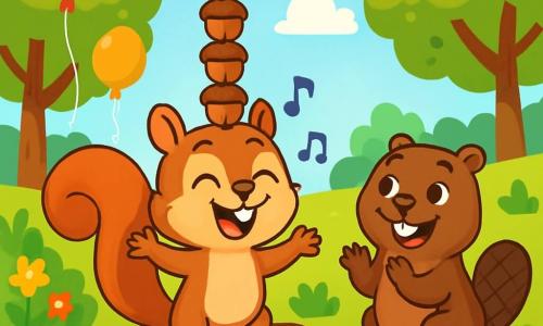 A mischievous little squirrel named Sammy, with soft brown fur and sparkling joyful eyes, stands on a wooden stage, a big smile on his face. He is enthusiastically singing while balancing a tower of ten acorns on his head, his cheeks slightly flushed with excitement. Next to him, his friend Benny the beaver, with dark brown fur and bright white teeth, applauds with a big smile, his eyes shining with encouragement. He stands to the side of the stage, paws raised in support. The setting is a sunny park filled with lush trees, colorful flowers, and curious animals watching the scene with amazed expressions. Balloons float in the blue sky, adding a festive touch to the atmosphere. The main focus shows Sammy, concentrated and joyful, singing his song while maintaining the balance of his acorn tower, as a gentle breeze slightly moves the branches of the trees around him.