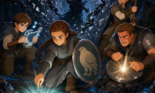The protagonist is Mara, a determined, calm female guardian with braided brown hair and chainmail under a gray tunic, kneeling at a glowing stream as she plunges a small silver key that ignites into a thread of light in the water; to her left and slightly behind, 16‑year‑old Tovin crouches, hands trembling as he plays a clear note on a silver harp‑wand; to her right in the foreground, 25‑year‑old Corvin strikes his metal shield against a stone like a drum, face red and tense, while 22‑year‑old Jessa stands behind him holding a sturdy spear, jaw set but relieved; they are in a vast underground cavern of glossy black rock with pointed stalactites, a wet lichen‑covered floor and a turquoise glowing stream ringed by dark misty chains—the group creates a stone/metal rhythm and pure tone that makes light burst from the key, shatters the mist into silver fragments, illuminates the water, and forces a shadowy figure to retreat.