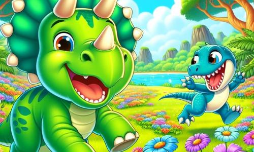 Un tricératops felice di nome Tito, con una pelle verde brillante e tre corna sulla testa, salta in un campo di fiori colorati, con un'espressione di felicità ed eccitazione. Accanto a lui, un velociraptor di nome Velo, con piume blu vivaci e occhi maliziosi, corre ridendo, le sue zampe agili lo spingono a tutta velocità. Sullo sfondo, una giungla lussureggiante si estende, con alberi giganti dalle foglie brillanti e fiori di tutti i colori, mentre un lago scintillante riflette il cielo blu. La scena mostra Tito e Velo che si divertono insieme, giocando a inseguirsi tra i fiori, pieni di gioia e amicizia.