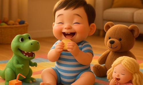 A smiling, chubby 2-year-old boy with short brown hair in a blue-and-white striped bodysuit sits on a colorful blanket pretending to eat a plastic sandwich; to his right a brown teddy bear named Mr. Fluffy with a visible seam and an embroidered smile sits slightly tilted as if nodding; opposite him a girl doll called Dolly in a pink ruffled dress with blond yarn hair pretends to sneeze; to the left a green toy dinosaur named Rexy knocks over a small plastic juice carton with an imaginary drop; a yellow rubber duck named Quacky near plastic cookies has its beak open; the warm living room has light wood floors, a large window with golden light, a colorful rug, an overflowing toy basket and soft cushions; the centered, luminous scene shows an imaginary picnic with the boy and toys sharing plastic food in a joyful atmosphere with bright colors and soft textures.