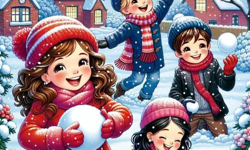 Cuatro amigos, Clara, Tomás, Sofía y Lucas, están reunidos en un jardín nevado. Clara, con cabello castaño y rizado, lleva un abrigo rojo brillante y un gorro a juego, riendo mientras sostiene una bola de nieve. Al lado de ella, Tomás, un chico rubio con gafas, viste una bufanda azul y prepara una bola de nieve con una gran sonrisa. Sofía, con cabello largo y negro, lleva un abrigo rosa y guantes, y está dibujando en un cuaderno con lápices de colores. Finalmente, Lucas, con cabello castaño y corto, lanza una bola de nieve al aire, su rostro iluminado por la emoción. El jardín está lleno de copos de nieve brillantes, con árboles cubiertos de nieve y una pequeña casa de ladrillos rojos al fondo, de la que sale humo por la chimenea. La atmósfera es alegre y mágica, con un cielo azul claro y rayos de sol iluminando la escena. Los amigos se divierten haciendo una batalla de bolas de nieve, riendo y corriendo en todas direcciones, creando un ambiente de camaradería y alegría invernal.