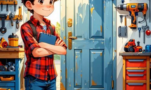 Un niño de 12 años, con el cabello castaño revuelto y ojos llenos de curiosidad, se encuentra frente a una puerta brillante en su taller. Lleva una camisa de cuadros rojos y un pantalón de mezclilla, con una expresión de emoción y un poco de aprensión en su rostro. A su lado, una niña de 12 años, con largas trenzas rubias y una sonrisa traviesa, observa la escena, sosteniendo una naranja en una mano y un cuaderno en la otra. El taller está lleno de herramientas, planos de máquinas y cajas de tornillos, con una luz suave filtrándose a través de una ventana polvorienta. Al fondo, estanterías cargadas de libros antiguos y piezas de metal añaden un ambiente de invención. La situación principal muestra al niño listo para activar una extraña máquina, una especie de bicicleta transformada en aparato de viaje en el tiempo, mientras una luz dorada emana de la puerta, prometiendo una aventura increíble.