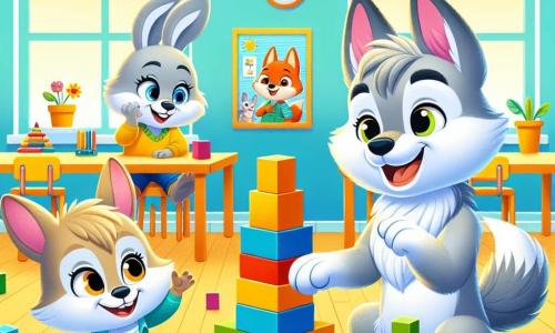 Um pequeno lobo chamado Zezinho, com pelagem cinza suave e olhos brilhantes de curiosidade, está no centro da cena, sorrindo entusiasticamente enquanto constrói uma torre de blocos coloridos. Ao seu lado, uma pequena raposinha chamada Nina, com pelagem dourada e olhos travessos, ri alegremente ao adicionar um bloco à torre. Um coelhinho chamado Beto, com grandes orelhas e pelagem branca brilhante, aplaude com empolgação, os olhos brilhando de admiração pela criação deles. A cena acontece em uma sala de aula iluminada e acolhedora, com paredes pintadas em cores vivas, cartazes educativos pendurados e janelas deixando entrar a luz do sol. Mesas de madeira estão dispostas ao redor, e brinquedos de madeira estão espalhados pelo chão. Zezinho, Nina e Beto estão colaborando alegremente para construir uma grande torre de blocos, simbolizando a amizade e o aprendizado em sua nova escola.