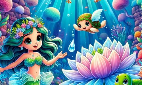 Uma sereia chamada Marina, com longos cabelos ondulados na cor de algas, escamas cintilantes em tons de azul e verde, está à beira de uma magnífica flor gigante, seus olhos brilhando de excitação e determinação. Ela estende uma mão delicada em direção à flor, pronta para depositar uma gota de água preciosa. Perto dela, sua fiel amiga Tuga, uma tartaruga marinha com carapaça colorida e olhos travessos, nada alegremente ao seu redor, incentivando Marina com um sorriso amigável. O cenário é um reino subaquático encantador, repleto de corais multicoloridos, peixes com asas translúcidas e raios de luz filtrando através da água, criando uma atmosfera mágica e luminosa. A cena representa o momento crucial em que Marina se prepara para salvar seu mundo ao oferecer a gota de água à flor, simbolizando esperança e coragem diante da adversidade.