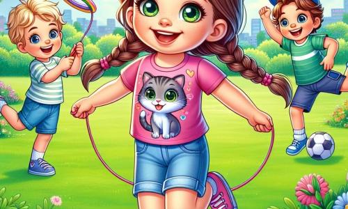 A 7-year-old girl, Lily, with long brown hair and sparkling curious eyes, is joyfully jumping rope in a sunny park. She wears a pink t-shirt with a cat design and denim shorts, her face radiating happiness and excitement. Next to her, her best friend Ella, also 7, with braided blonde hair and a bright smile, throws a colorful frisbee into the air. She is dressed in a floral dress and is ready to run. A little further away, Max, a 7-year-old boy with messy brown hair and a blue cap, dribbles a soccer ball, laughing with his friends. The park is lush, with tall trees, colorful flowers scattered on the grass, and a clear blue sky with a few white clouds. The main scene shows Lily and her friends having fun together, enjoying the outdoors, creating joyful and adventurous memories away from screens.