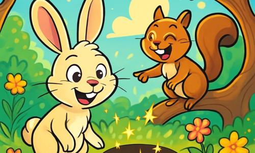 Hoppel, ein junger Hase mit großen Ohren und weichem, seidigem Fell, steht vor einem geheimnisvollen schwarzen Loch im Boden. Seine Augen leuchten vor Aufregung und Neugier, und er hat ein schelmisches Lächeln im Gesicht. Neben ihm klettert Pimpernelle, ein schelmisches Eichhörnchen mit braunem Fell und funkelnden Augen, auf einen niedrigen Ast, lacht fröhlich und zeigt mit einer Pfote auf das Loch. Die Szenerie ist ein verzauberter Garten, durchflutet von goldenem Licht, mit bunten Blumen, die im Wind tanzen, und Bäumen mit verdrehten Stämmen und funkelnden Blättern. Im Hintergrund schweben fluffige Wolken in einem strahlend blauen Himmel. Die Szene zeigt Hoppel und Pimpernelle, bereit, in das Abenteuer einzutauchen, während kleine funkelnde Sterne aus dem Loch auftauchen und Überraschungen und Lachen versprechen.