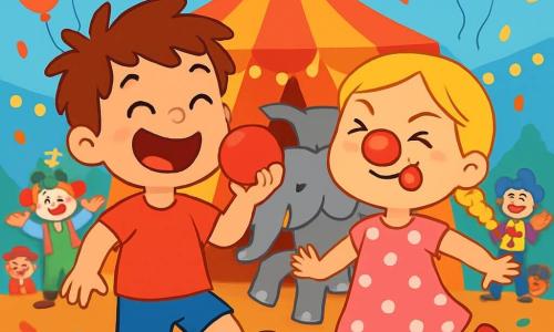 Er zijn 2 hoofdpersonages: - Max: Een 4-jarig jongetje met rommelig bruin haar, gekleed in een rode t-shirt en een blauwe short. Hij lacht met zijn grote mond open en houdt een grote rode clownneus in zijn hand. - Lila: Een 4-jarig meisje met gevlochten blond haar, gekleed in een roze jurk met witte stippen. Ze trekt een grappig gezicht met een rode clownneus op haar gezicht, vrolijk springend naast Max. De situatie speelt zich af in een kleurrijk circus met gestreepte rode en gele tenten, fonkelende lichten en ballonnen die in de lucht zweven. Op de achtergrond is een grote circustent te zien, dansende clowns en verwonderde toeschouwers. De hoofdactie van het verhaal toont Max en Lila als clowns die samen dansen en lachen op een podium, omringd door kleurrijke confetti, terwijl een vriendelijke olifant zich bij hen voegt om te dansen, wat een vrolijke en feestelijke sfeer creëert.