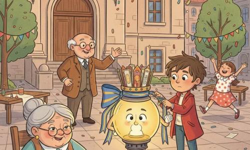 Die Hauptlaterne ist eine runde Glaslaterne mit warmem Gelblicht und blau-goldenem Band, trägt eine Papierkrone aus alten Lesezeichen und zeigt einen stolzen, sanften Ausdruck; ein älterer Bibliothekar in braunem Anzug mit runden Brillen steht lächelnd auf den Stufen der steinernen Bibliothek und winkt, ein ernstes Junge mit zerzausten Haaren und rotem Mantel legt eine kleine Muschel ans Band, eine alte Frau mit roten Händen und einer Schere bastelt an einem Holztisch mehrfarbige Papierkronen, ein Mädchen im gepunkteten Kleid rennt mit nur einem sichtbaren Schuh durch fallende Konfetti; Ort: gepflasterter Platz vor einer großen Bibliothek mit hohen Fenstern und Holztür, Tische mit Papier, Leim und Scheren, Papiergirlanden in den Bäumen; Situation: die Parade ist zu Ende, alle umringen die gekrönte Laterne, ihr warmes Licht erleuchtet die Gesichter, Konfetti schweben, visuell in sanften, gesättigten Farben mit abgerundeten Konturen, sichtbaren Papiertexturen und warmem Licht gegen einen spätnachmittäglichen Himmel.