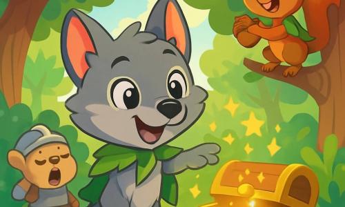 Un pequeño lobo de grandes orejas, con pelaje gris y ojos brillantes de curiosidad, se encuentra en el centro de la escena, sonriendo ampliamente. Lleva una pequeña capa de hojas verdes que flota a su alrededor, mientras extiende una pata hacia un cofre sonriente que se abre, dejando escapar estrellas brillantes. A su derecha, una ardillita traviesa con una capa de hojas, de ojos pícaros, trepa por una rama riendo a carcajadas mientras sostiene una nuez. A su izquierda, un pequeño oso de metal, con un casco de hierro, bosteza mientras se estira, con un aire soñador, listo para dormirse en medio de la aventura. El decorado es un bosque encantado, con árboles altos y frondosos, cuyas hojas brillan como esmeraldas bajo el sol, y flores coloridas que bailan al ritmo del viento. La situación principal muestra al pequeño lobo y sus amigos descubriendo el cofre mágico que canta, listos para compartir historias y risas, rodeados de una atmósfera alegre y luminosa, llena de promesas de aventuras por venir.
