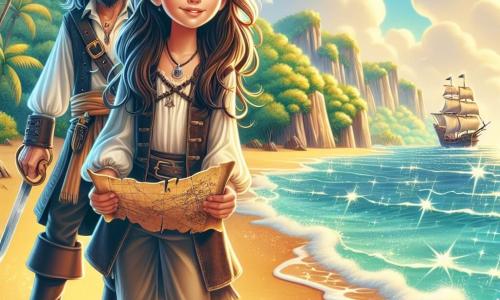 In primo piano, Elena, una giovane di circa 12 anni, è in piedi sulla spiaggia dorata dell'Isola del Drago. Ha lunghi capelli castani che fluttuano nel vento, occhi verdi pieni di eccitazione e un sorriso radioso che mostra la sua determinazione. Tiene in mano una vecchia mappa del tesoro, con i piedi nudi immersi nella sabbia calda. Accanto a lei, il capitano Blackbeard, un uomo robusto di circa 40 anni con una lunga barba nera e un cappello a tricorno, osserva l'orizzonte con un'espressione saggia. Indossa una camicia bianca e un gilet di pelle, con la mano sul pomo della spada, pronto a difendere il suo equipaggio. Sullo sfondo, la spiaggia è circondata da scogliere ripide e da una fitta foresta tropicale, con palme che ondeggiano dolcemente. Il cielo è di un blu brillante, punteggiato da alcune nuvole bianche, e l'oceano scintilla sotto il sole. La scena principale mostra Elena e Blackbeard che si preparano ad avventurarsi nella foresta alla ricerca del tesoro leggendario, con la mappa spiegata davanti a loro, simboleggiando l'inizio della loro grande avventura.