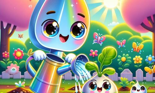 Ein kleiner Spaten mit einem fröhlichen Lächeln, einem bunten Regenbogenstiel und einer glänzenden Klinge pflanzt Samen in einem sonnigen Garten. Seine Augen funkeln vor Glück und er scheint sehr aufgeregt über den Frühling zu sein. Neben ihm gießt eine freundliche, leuchtend blaue Gießkanne mit zufriedener Miene Wasser auf die Samen, bereit, den Pflanzen beim Wachsen zu helfen. Ein kleiner Rettich mit grünen Blättern und einem neugierigen Gesicht schaut gespannt zu, wie die Samen gepflanzt werden, während er auf der Stelle hüpft. Der Garten ist voller bunter Blumen, tanzender Schmetterlinge und Sonnenstrahlen, die den fruchtbaren Boden erhellen. Blühende Bäume säumen den Garten und schaffen eine fröhliche, frühlingshafte Atmosphäre. Die Hauptsituation zeigt den Spaten und seine Freunde, die gemeinsam den Frühling feiern, indem sie Samen pflanzen, umgeben von der Schönheit des erwachenden Gartens.