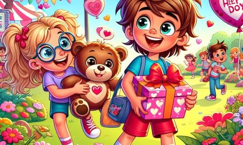 A 10-year-old boy, Max, with messy brown hair and sparkling eyes, holds a large pink cardboard decorated with hearts, smiling enthusiastically. He wears a blue t-shirt and red shorts, standing in a sunny park surrounded by colorful flowers. Next to him is Lily, a 10-year-old girl with blonde pigtails and round glasses, wearing purple sneakers and a heart-patterned t-shirt. She is laughing, holding a small teddy bear with a heart in her arms, standing right next to Max. The park is vibrant, with lush green trees, children playing in the distance, and Valentine's Day decorations hanging from the branches. Pink and red balloons float in the air, adding a festive touch to the atmosphere. The main scene shows Max and Lily sharing cookies while laughing, surrounded by other children joining them to celebrate Valentine's Day, creating a joyful and friendly atmosphere.