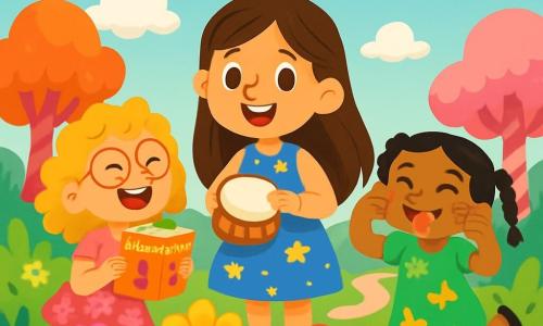 Ci sono 3 personaggi: Luna, una ragazza di 8 anni con lunghi capelli castani e occhi scintillanti, indossa un vestito blu decorato con stelle e tiene un piccolo tamburo di legno. Stella, una ragazza di 7 anni con capelli dorati ricci e occhiali tondi, indossa un vestito rosa con motivi floreali e tiene un libro di barzellette, ridendo a sinistra di Luna. Gioia, una ragazza di 6 anni con capelli neri intrecciati e occhi birichini, indossa un vestito verde con farfalle e fa le smorfie, saltando di gioia a destra di Luna. Il luogo è un giardino incantato, pieno di fiori multicolori che brillano al sole, circondato da alberi dai tronchi di caramella e un sentiero di zucchero filato. La scena principale mostra le tre amiche che raccontano barzellette ai fiori, che iniziano a sorridere e a riacquistare i loro colori vivaci, creando un'atmosfera gioiosa e magica.