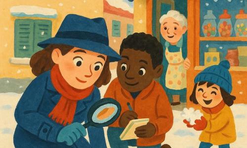 La protagonista è Sofia, detective donna dall'aria concentrata e dolce, occhi osservatori, cappotto blu scuro e sciarpa rossa, che tiene una lente vicino a un'impronta nella neve; il personaggio secondario è Giulio, ragazzo di 12–14 anni, giornalista curioso con taccuino e penna a destra di Sofia che prende appunti; la piccola Emma, bambina di 6–7 anni con stivaletti rossi e berretto blu, gioca nella neve a pochi passi con mani piene di neve; la signora Baratta, donna anziana e rotonda con grembiule a fiori, apre la porta del negozio dietro Sofia con aria sollevata; il signor Toni, uomo anziano dai capelli bianchi, osserva sorridendo dalla finestra di una casa vicina; la scena si svolge nella piazza di un piccolo villaggio innevato con ciottoli coperti di neve, vetrine colorate di una pasticceria, lampioni in ferro battuto e case con persiane dipinte; Sofia esamina l'impronta davanti alla porta del negozio di dolci, Giulio prende appunti, Emma si allontana lasciando l'impronta e la signora Baratta apre la porta, sotto una luce mattutina morbida e fiocchi di neve cadenti.
