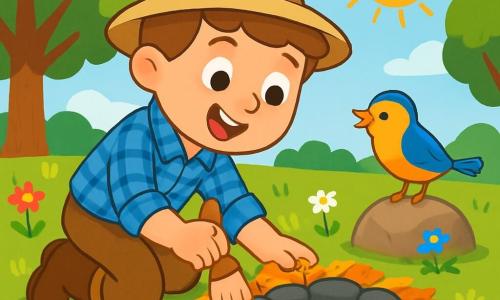 Un giovane archeologo di nome Luca è in ginocchio a terra, con un grande sorriso meravigliato sul volto. Indossa un cappello beige, una camicia a quadri blu e stivali di pelle. Le sue mani delicate tengono un piccolo pennello mentre scopre un antico focolare nascosto sotto delle foglie. Vicino a lui, un piccolo uccello colorato, con piume gialle e blu, si posa su una pietra, osservando Luca con curiosità. Sembra felice, come se condividesse l'emozione della scoperta. Il luogo è un vasto campo verde, costellato di fiori selvatici dai colori vivaci. Alberi maestosi bordano il paesaggio e il sole splende dolcemente, creando un'atmosfera calda e tranquilla. Luca, concentrato e felice, libera lentamente la terra intorno a un piccolo cumulo di pietre nere, rivelando un antico focolare. La scena trasmette un'atmosfera di avventura e mistero, invitando i bambini a immaginare storie del passato.