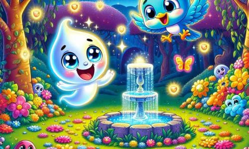Un piccolo fantasma di nome Luca, traslucido e sorridente, fluttua gioiosamente sopra un terreno coperto di fiori vivaci e funghi colorati. I suoi occhi brillanti esprimono curiosità ed eccitazione. Accanto a lui, un uccello blu vivace di nome Azur, con piume scintillanti, vola in cerchio attorno a Luca, cantando allegramente. La scena si svolge in una foresta magica, dove gli alberi sono alti e maestosi, le loro foglie brillano come stelle e le lucciole danzano nell'aria. Al centro, una fontana scintillante, circondata da pietre preziose, versa un'acqua luminosa che illumina tutto il paesaggio. Luca e Azur si trovano vicino alla fontana, osservando con meraviglia l'acqua che inizia a brillare, dopo aver posizionato una pietra magica per risvegliare la fontana.
