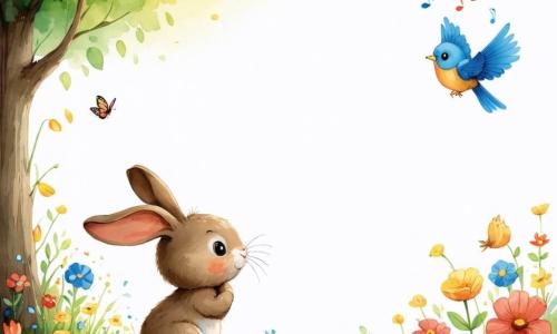 Ein kleiner brauner Hase mit großen, glänzenden Augen und langen, hängenden Ohren steht auf einem grünen Hügel und blickt auf einen bunten Garten voller strahlender Blumen. Sein Ausdruck ist melancholisch, aber voller Hoffnung, während er sich an seinen verlorenen Freund erinnert. Neben ihm sitzt ein kleiner blauer Vogel mit leuchtendem Gefieder auf einem Ast und schaut den Hasen mit Mitgefühl an, seine Augen funkeln vor Traurigkeit und Verständnis. Er singt sanft und bringt eine tröstliche Melodie in die Luft. Der Ort ist ein sonniger Garten, erleuchtet von goldenem Licht, mit Blumen in allen Farben, schwirrenden Schmetterlingen und einem klaren blauen Himmel, der mit flauschigen weißen Wolken bedeckt ist. Die Hauptsituation zeigt den Hasen, der sich an seinen verstorbenen Freund erinnert, umgeben von der Schönheit der Natur, die das Leben und glückliche Erinnerungen symbolisiert, während sie die Liebe feiert, die über den Verlust hinaus besteht.