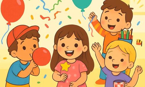 Er zijn 4 kinderen: Noor: Een 4-jarig meisje met lang bruin haar en sprankelende ogen. Ze draagt een roze jurk met bloemenpatronen en staat in het midden, glimlachend, met een kleine stervormige muziekdoos. Sam: Een 4-jarig jongetje met krullend haar en een rode pet. Hij draagt een blauwe t-shirt en een gele short. Sam staat links van Noor en blaast in een grote rode ballon. Zara: Een 4-jarig meisje met gevlochten blond haar en een glinsterende rok. Ze draagt een paarse t-shirt. Zara staat rechts van Noor en houdt een roze beker met harten vast. Lio: Een 4-jarig jongetje met kort haar en een grote etui vol kleurpotloden. Hij draagt een gestreepte trui en staat achter Noor, terwijl hij met gekleurde slingers schudt. De setting is een heldere feestzaal, versierd met kleurrijke slingers en zwevende ballonnen. Een grote tafel staat vol lekkernijen, met een prachtige aardbeientaart in het midden, omringd door kleine kleurrijke bekers. De muren zijn lichtgeel en zonnestralen filteren door de ramen, wat een vrolijke sfeer creëert. De belangrijkste situatie toont Noor en haar vrienden die haar verjaardag vieren. Ze lachen en dansen rond de tafel, met opgestoken armen, terwijl confetti door de lucht vliegt. De sfeer is feestelijk en vol vreugde, met stralende glimlachen op hun gezichten.